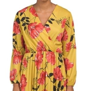 NEW! COOLPLES Floral Faux Wrap Splice Pleated Midi Dress Large.